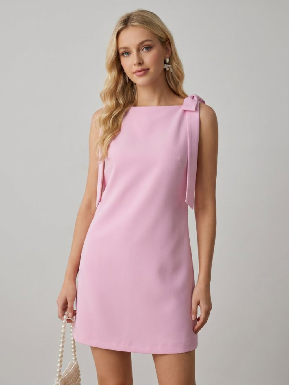 Women's Pink Mini Dress Bow Shoulder Detail Sleeveless Shift Cocktail Party - Picture 4 of 6